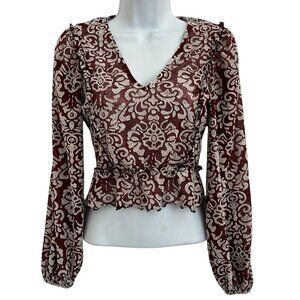 Anthropologie Jacquard Peasant Long Sleeve Cropped Top XXS Wine Boho Festival